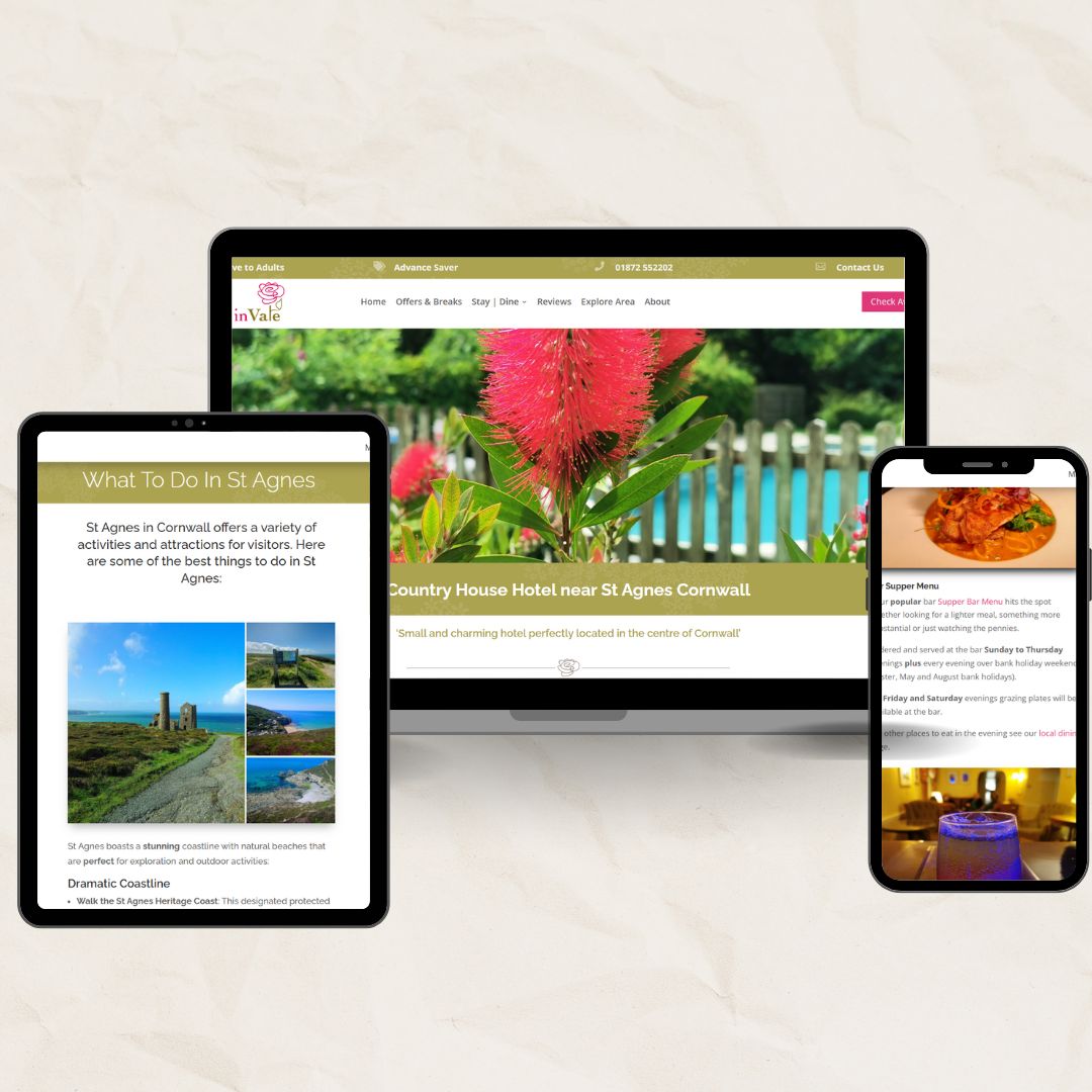 Tablet, smartphone, and laptop displaying a website about tourism in St Agnes, Cornwall with images of a historic site, a vibrant flower, and a meal. - seagullmedia webdesign for hospitality businesses