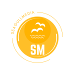 Yellow logo with the text "SEAGULLMEDIA" and "SM". Features silhouettes of two birds and waves inside a circular design. - seagullmedia webdesign for hospitality businesses