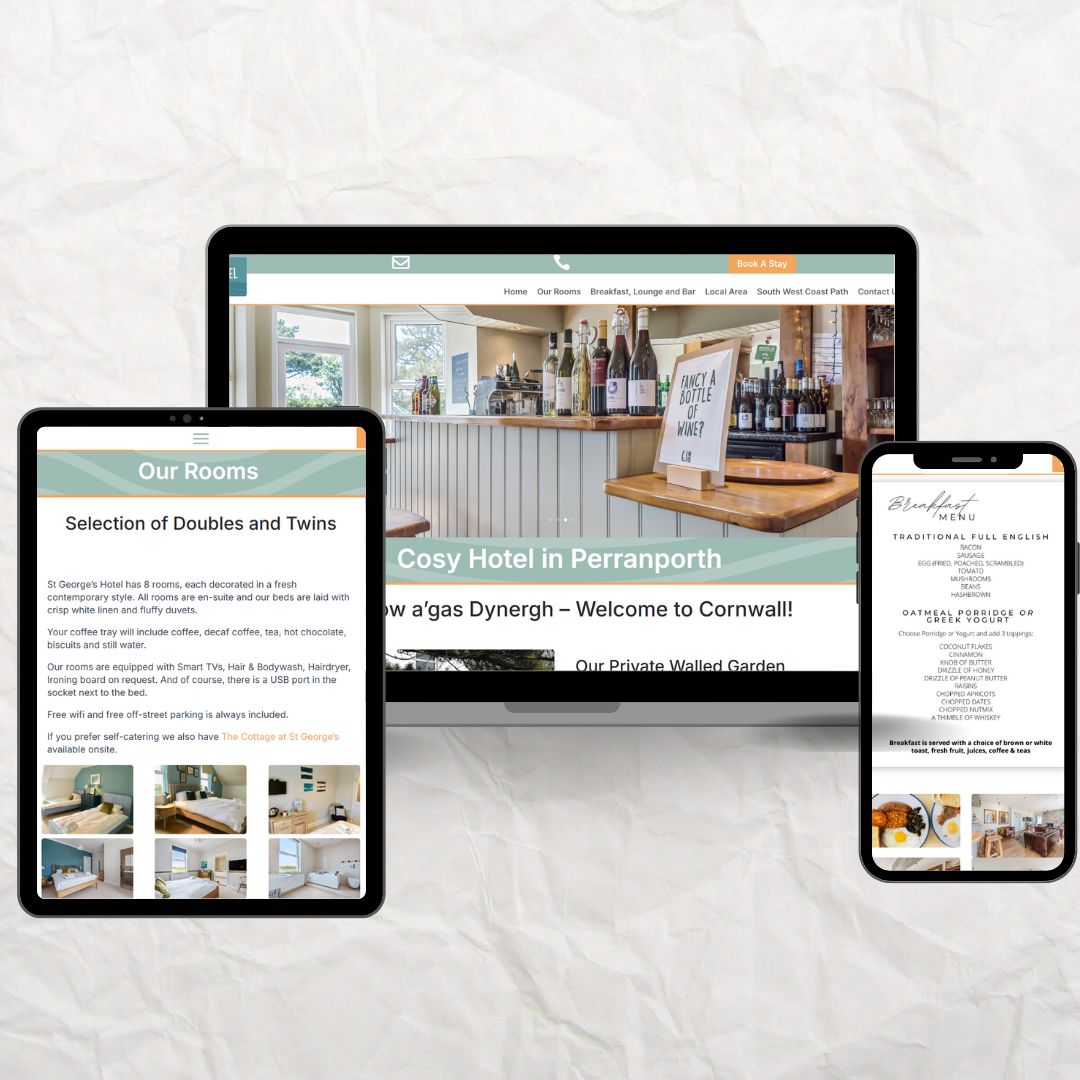 Tablet and phone screens display a hotel's website featuring room options and booking details. - seagullmedia webdesign for hospitality businesses